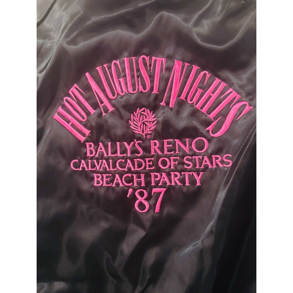 Vintage 1987 Hot August Nights Bally’s Reno Satin Bomber Jacket Pink Black L